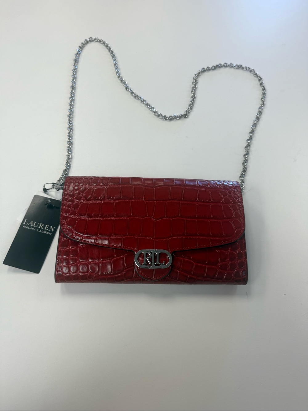 Lauren Ralph Lauren Red Croc-Embossed Chain Crossbody Bag